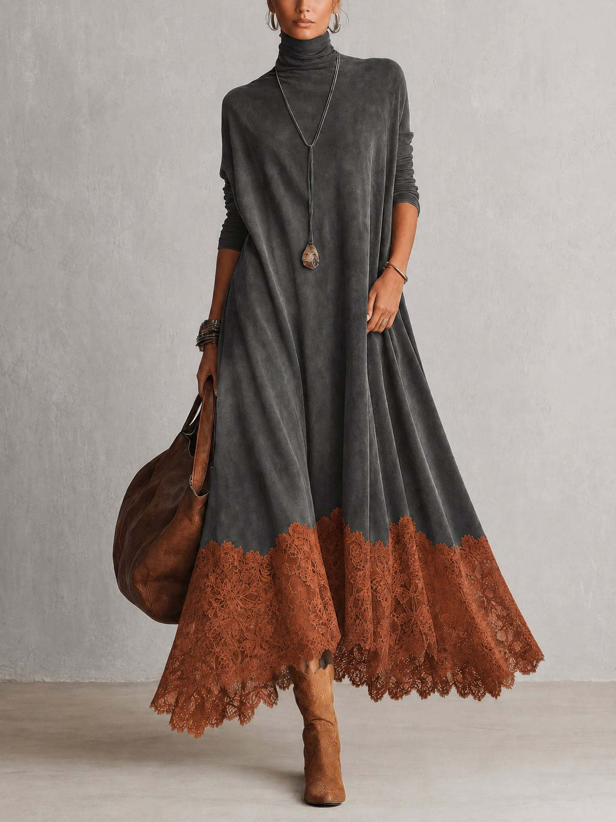 Anouk | Gray Turtleneck Maxi Dress With Rust Lace Hem