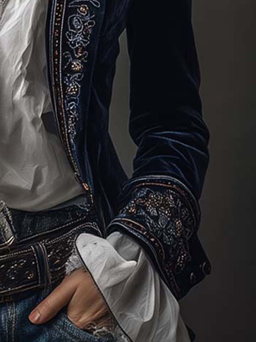 Emalie | Vintage Navy Embroidered Longline Jacket