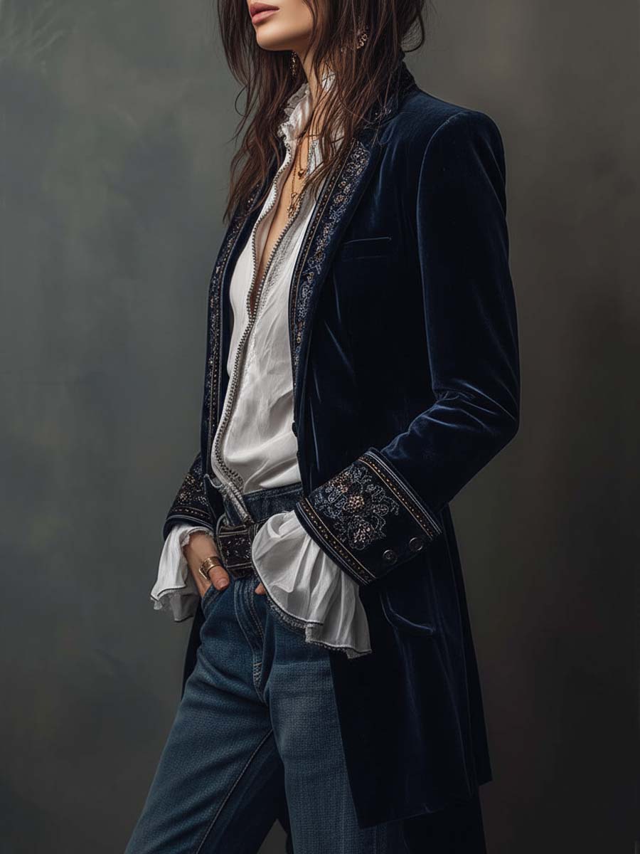 Emalie | Vintage Navy Embroidered Longline Jacket