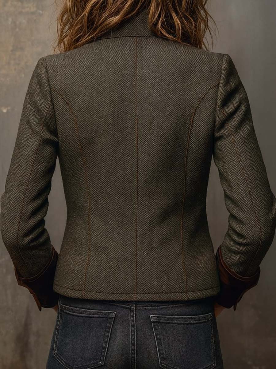 Jemma | Vintage Herringbone Contrast Trim Blazer