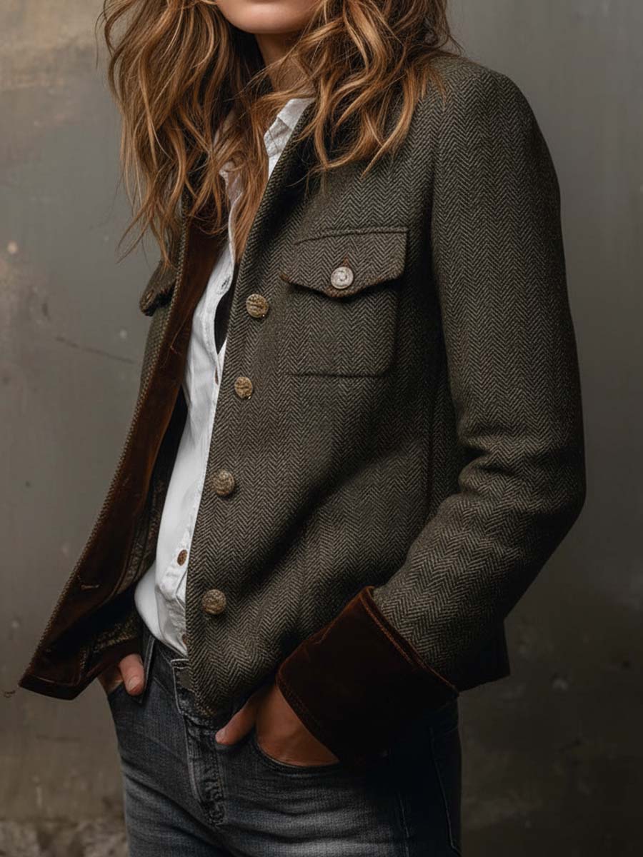 Jemma | Vintage Herringbone Contrast Trim Blazer