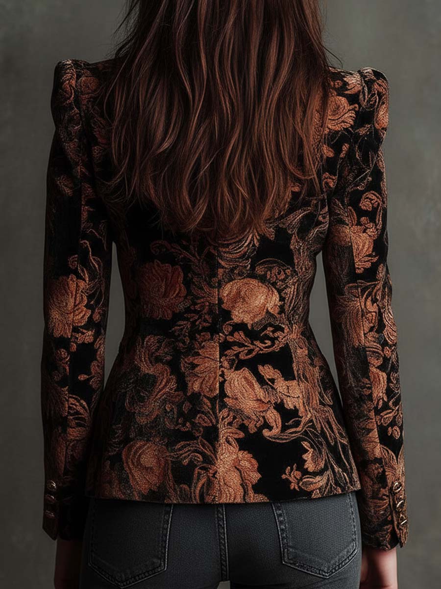 Janine | Black And Bronze Floral Print Tailored Blazer