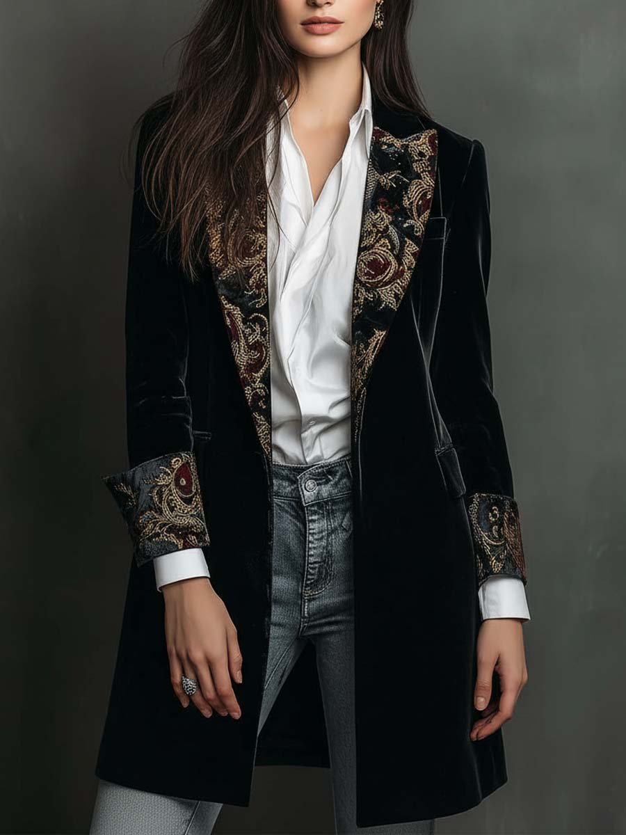 Franny | Black Baroque Print Lapel Slim Fit Blazer