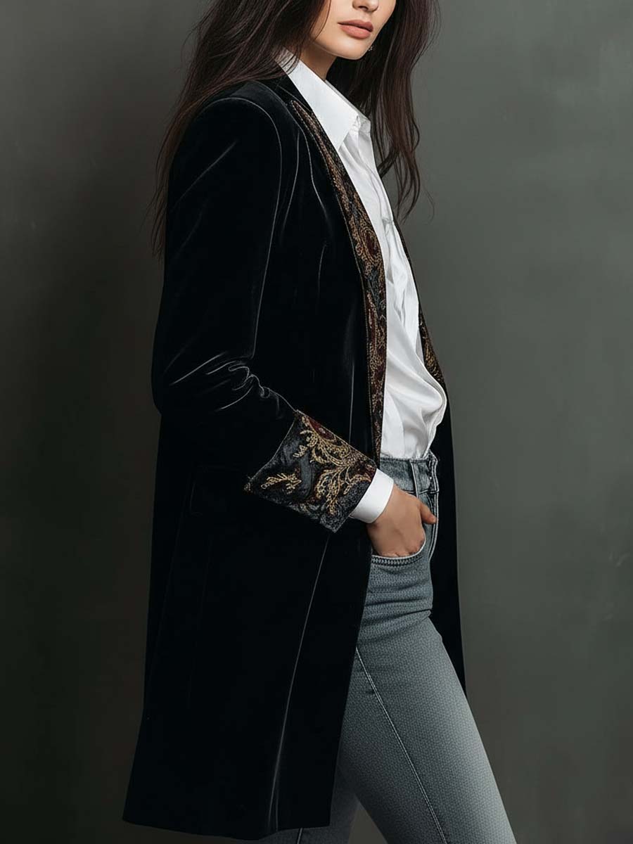 Franny | Black Baroque Print Lapel Slim Fit Blazer