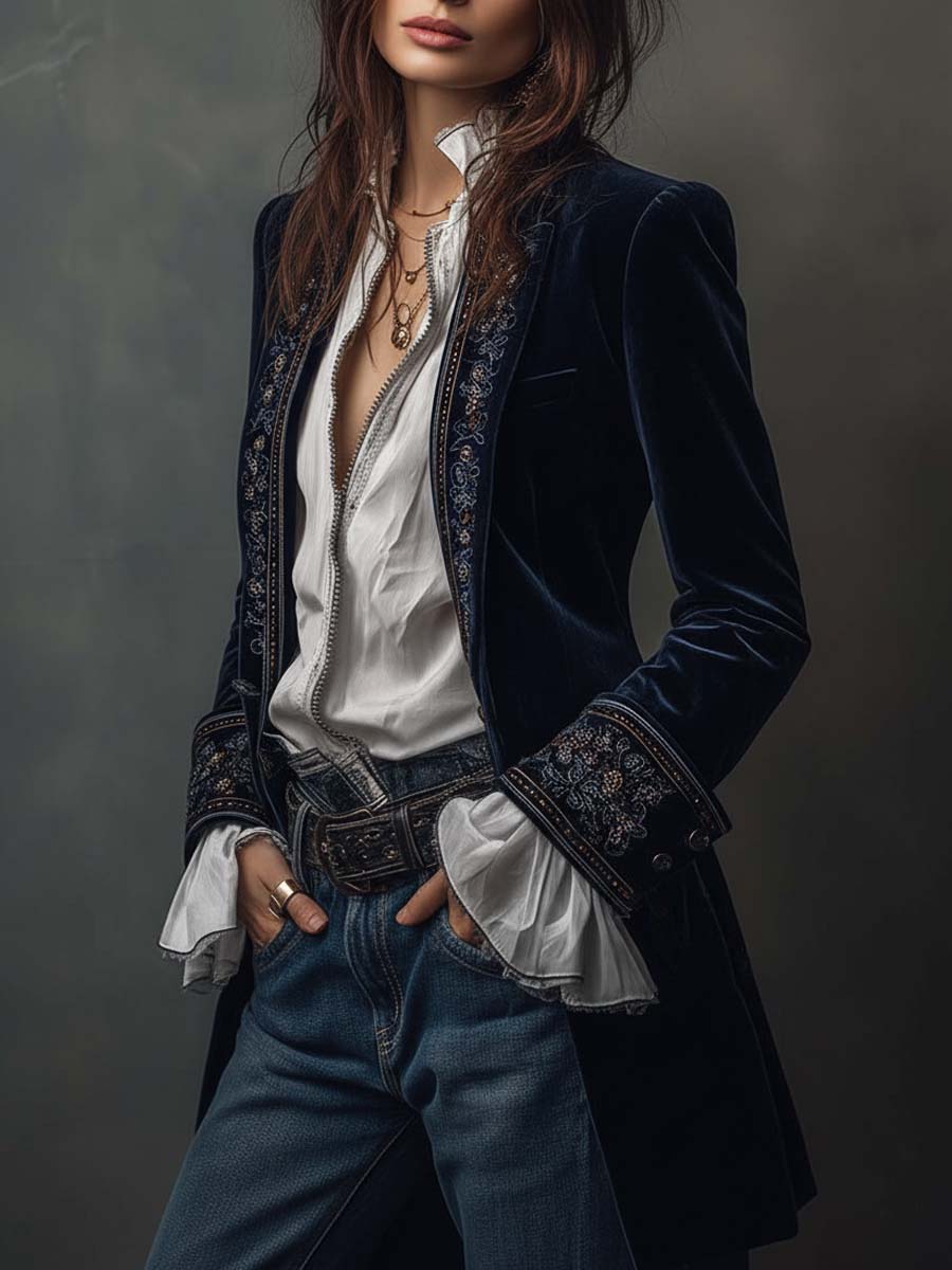Emalie | Vintage Navy Embroidered Longline Jacket