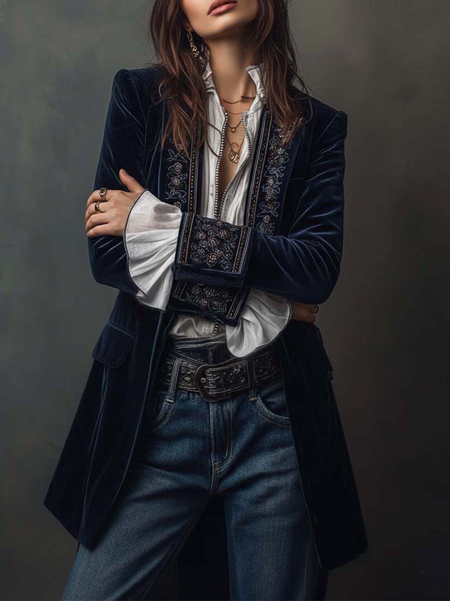Emalie | Vintage Navy Embroidered Longline Jacket