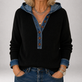 Winnow | Denim Trim Hooded Henley Sweater