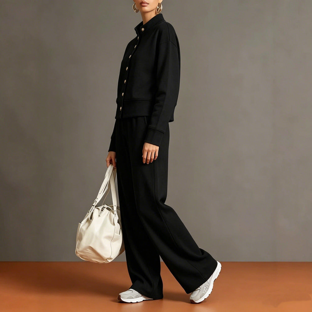 Celine | Knit High-Neck Top & Wide-Leg Pants Set With Gold Buttons