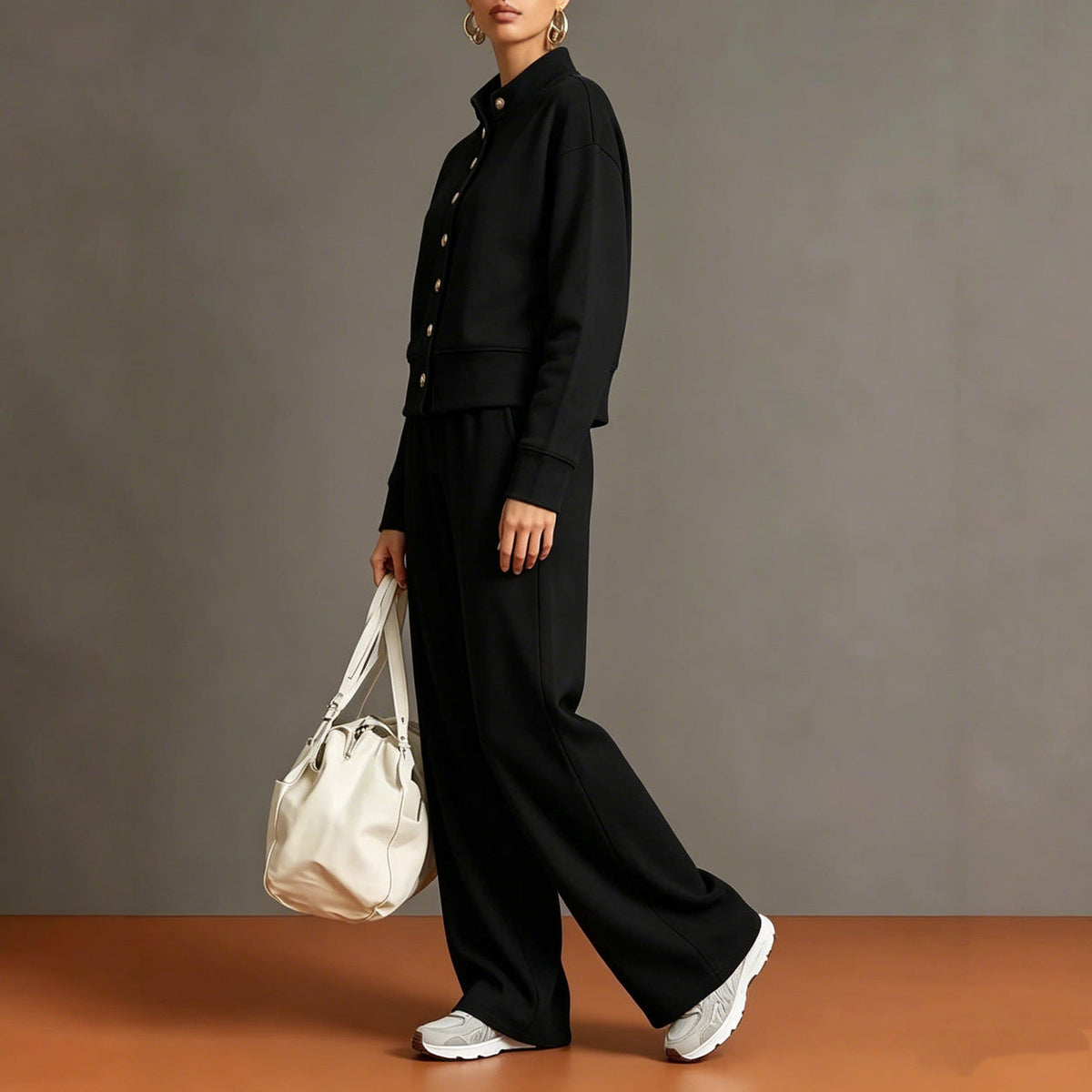 Celine | Knit High-Neck Top & Wide-Leg Pants Set With Gold Buttons