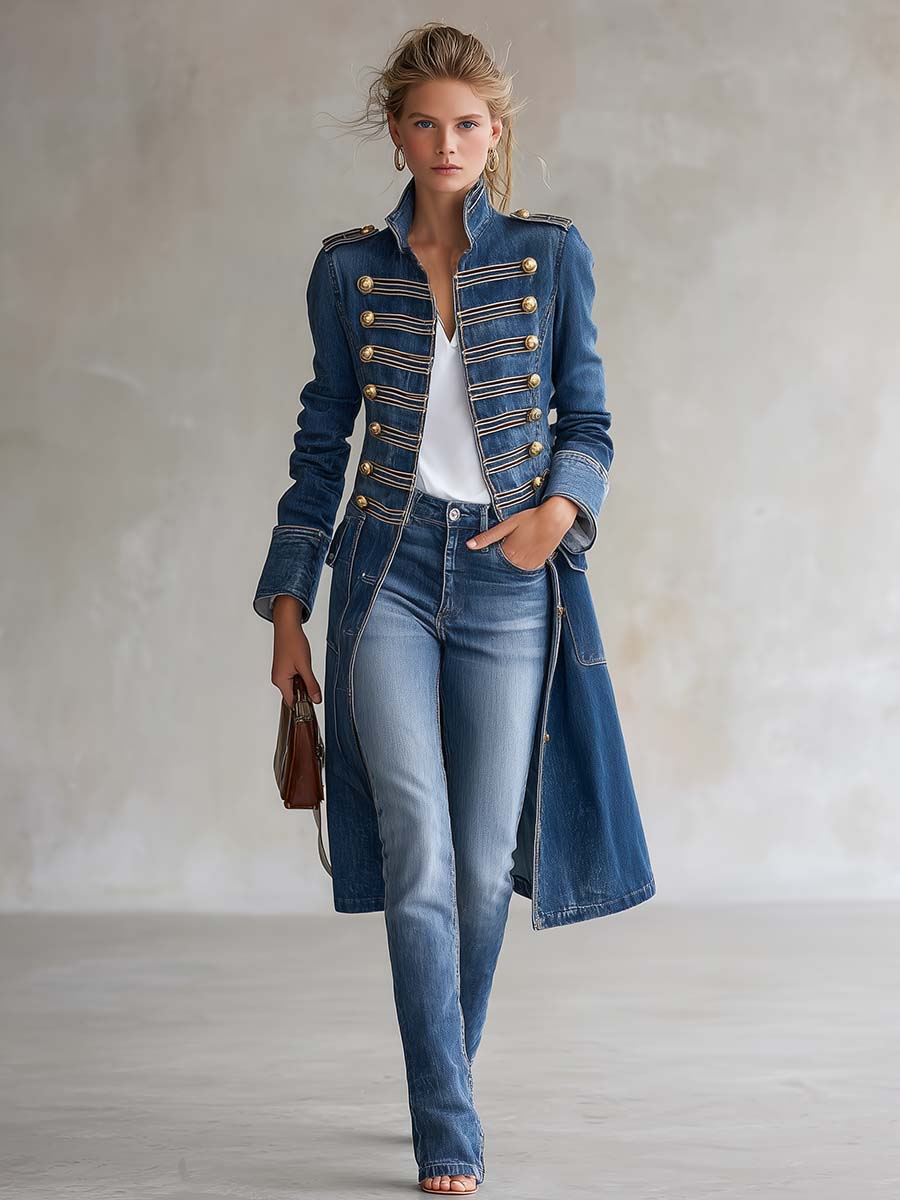 Odile | Long Denim Military Coat With Gold Buttons