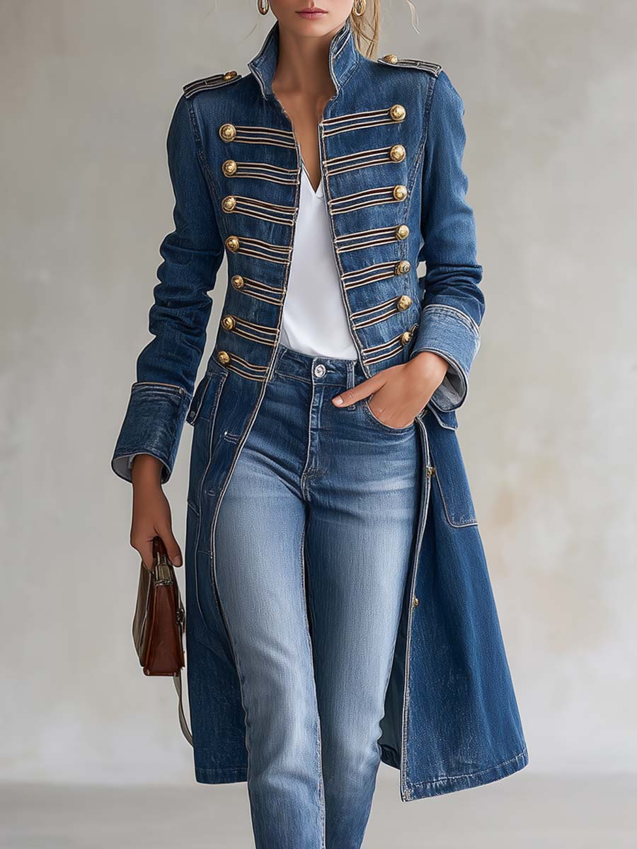 Odile | Long Denim Military Coat With Gold Buttons