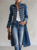 Odile | Long Denim Military Coat With Gold Buttons