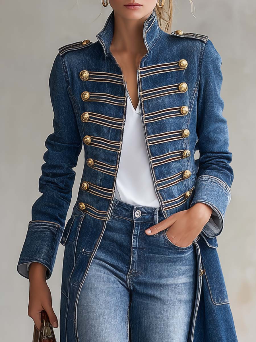 Odile | Long Denim Military Coat With Gold Buttons