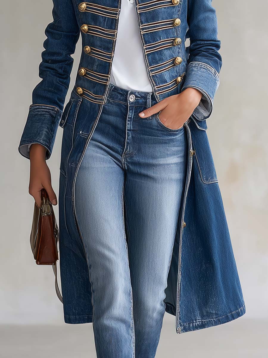 Odile | Long Denim Military Coat With Gold Buttons