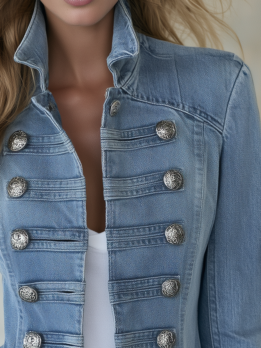 Valentine | Double-Breasted Blue Denim Military Coat