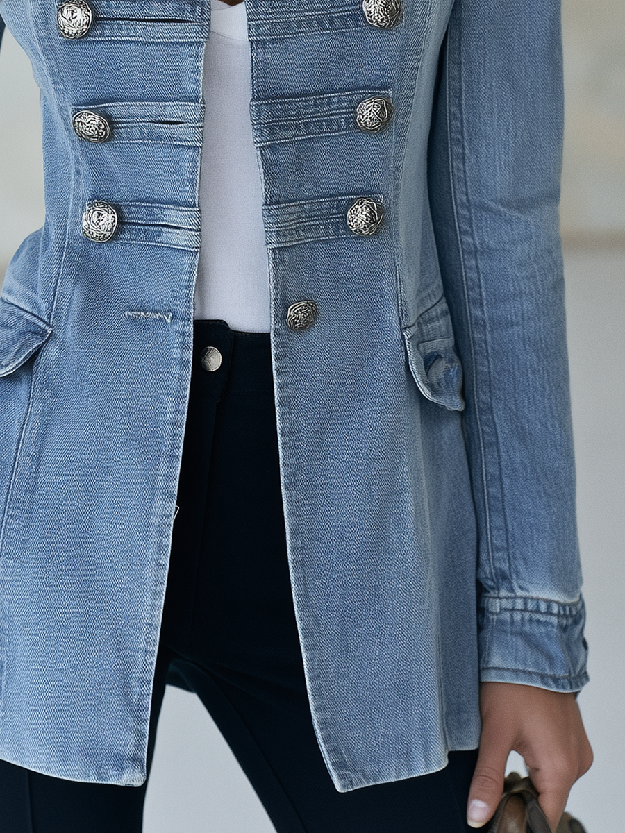 Valentine | Double-Breasted Blue Denim Military Coat