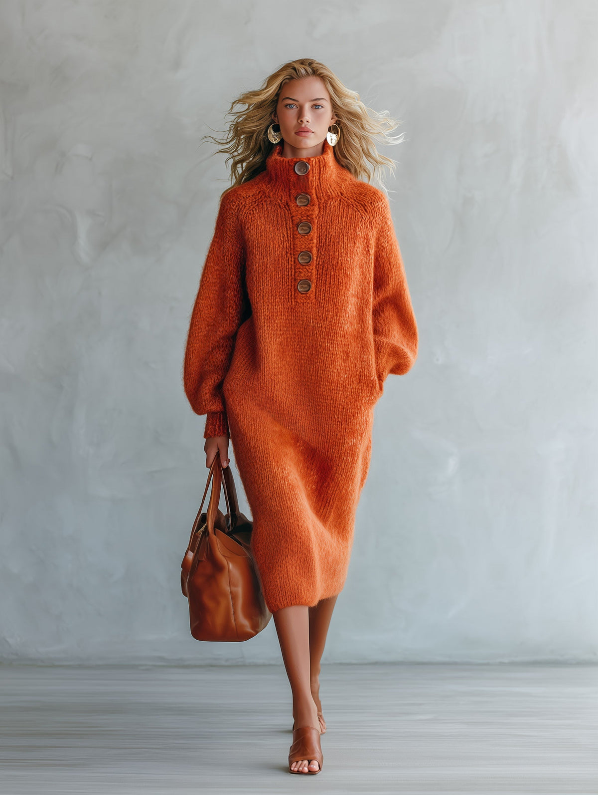 Angela | Orange Mock-Neck Mohair-Style Knit Midi Dress