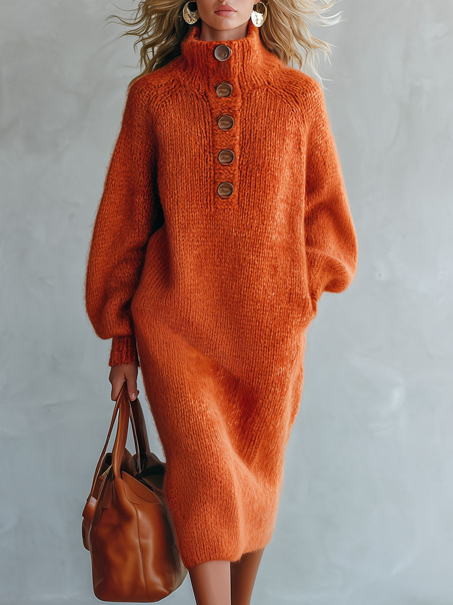 Angela | Orange Mock-Neck Mohair-Style Knit Midi Dress
