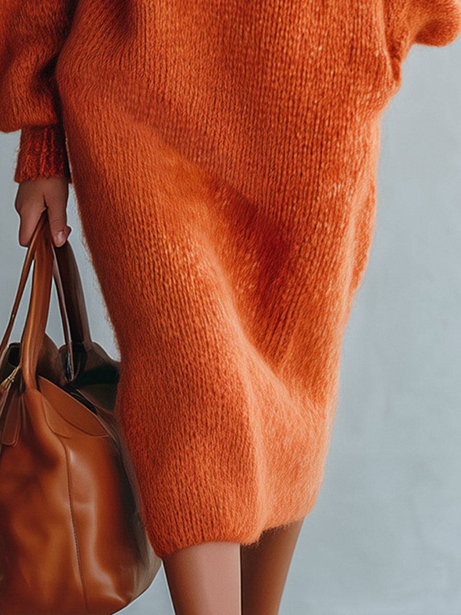 Angela | Orange Mock-Neck Mohair-Style Knit Midi Dress