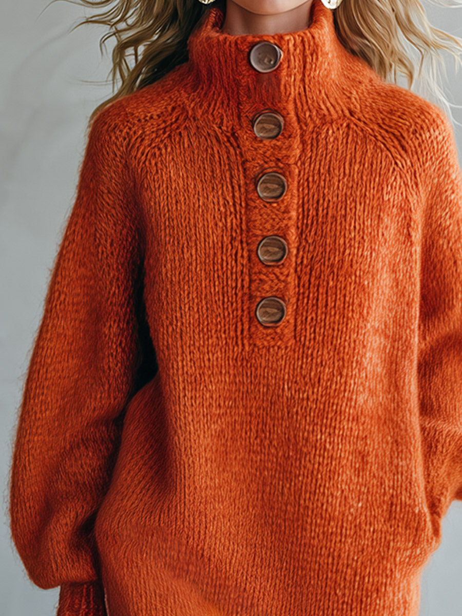 Angela | Orange Mock-Neck Mohair-Style Knit Midi Dress