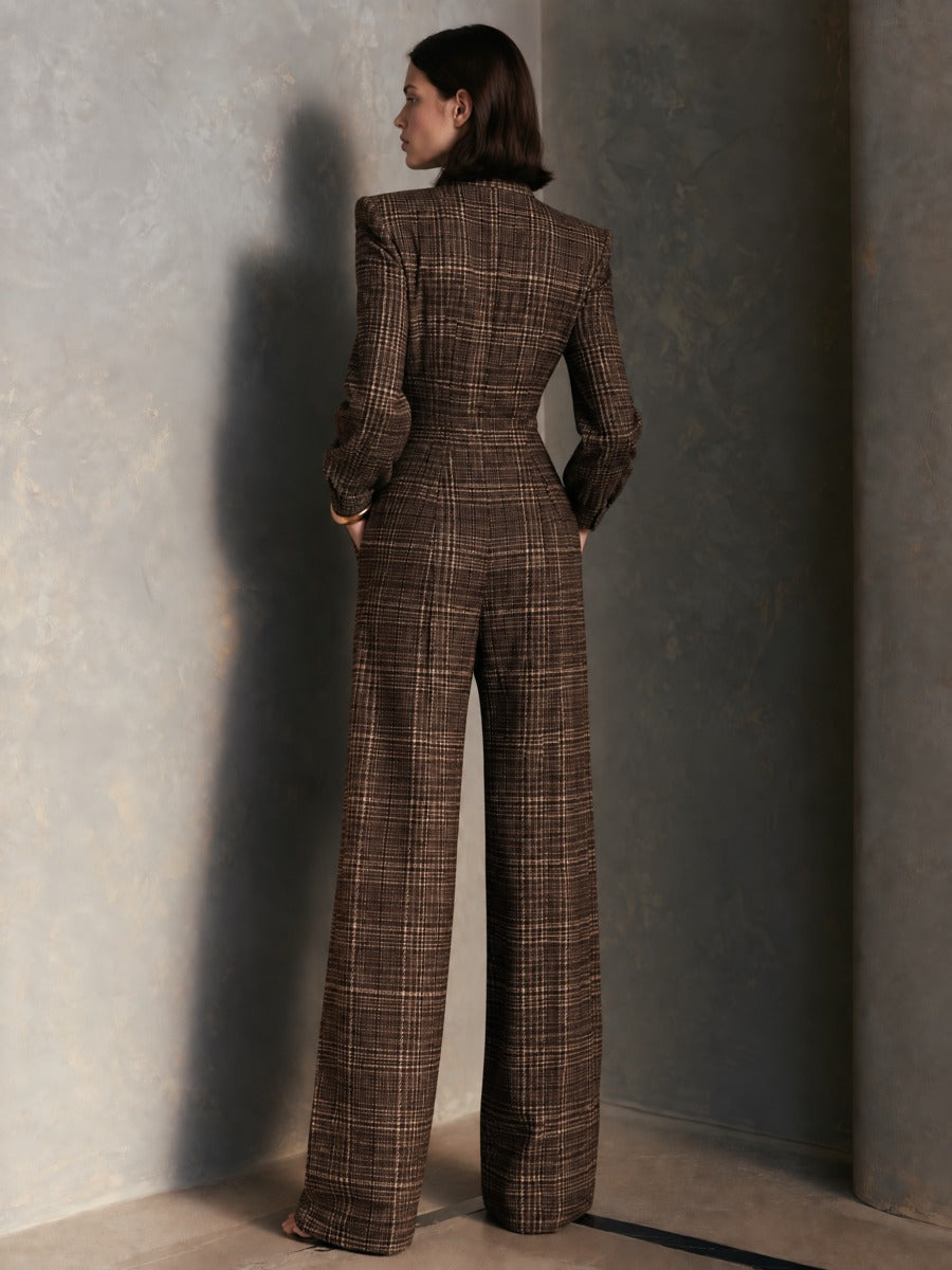 Evelyna | Plaid Wool-Blend Wide-Leg Jumpsuit With Stand Collar