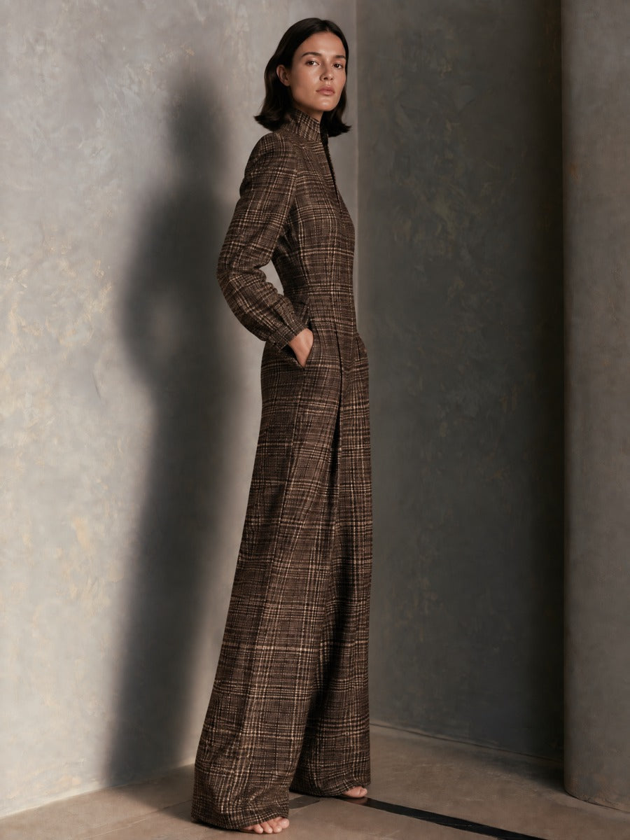 Evelyna | Plaid Wool-Blend Wide-Leg Jumpsuit With Stand Collar