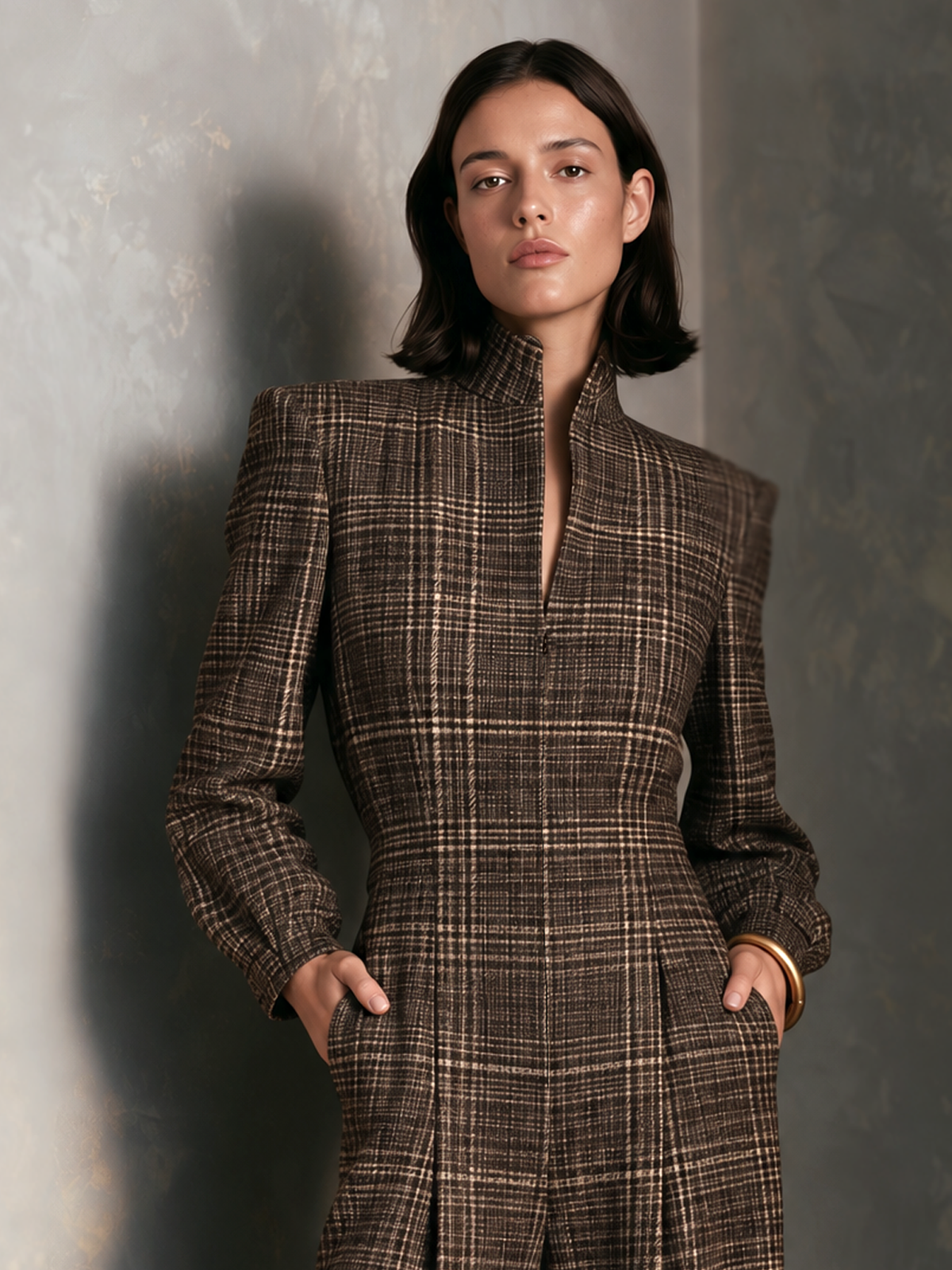 Evelyna | Plaid Wool-Blend Wide-Leg Jumpsuit With Stand Collar