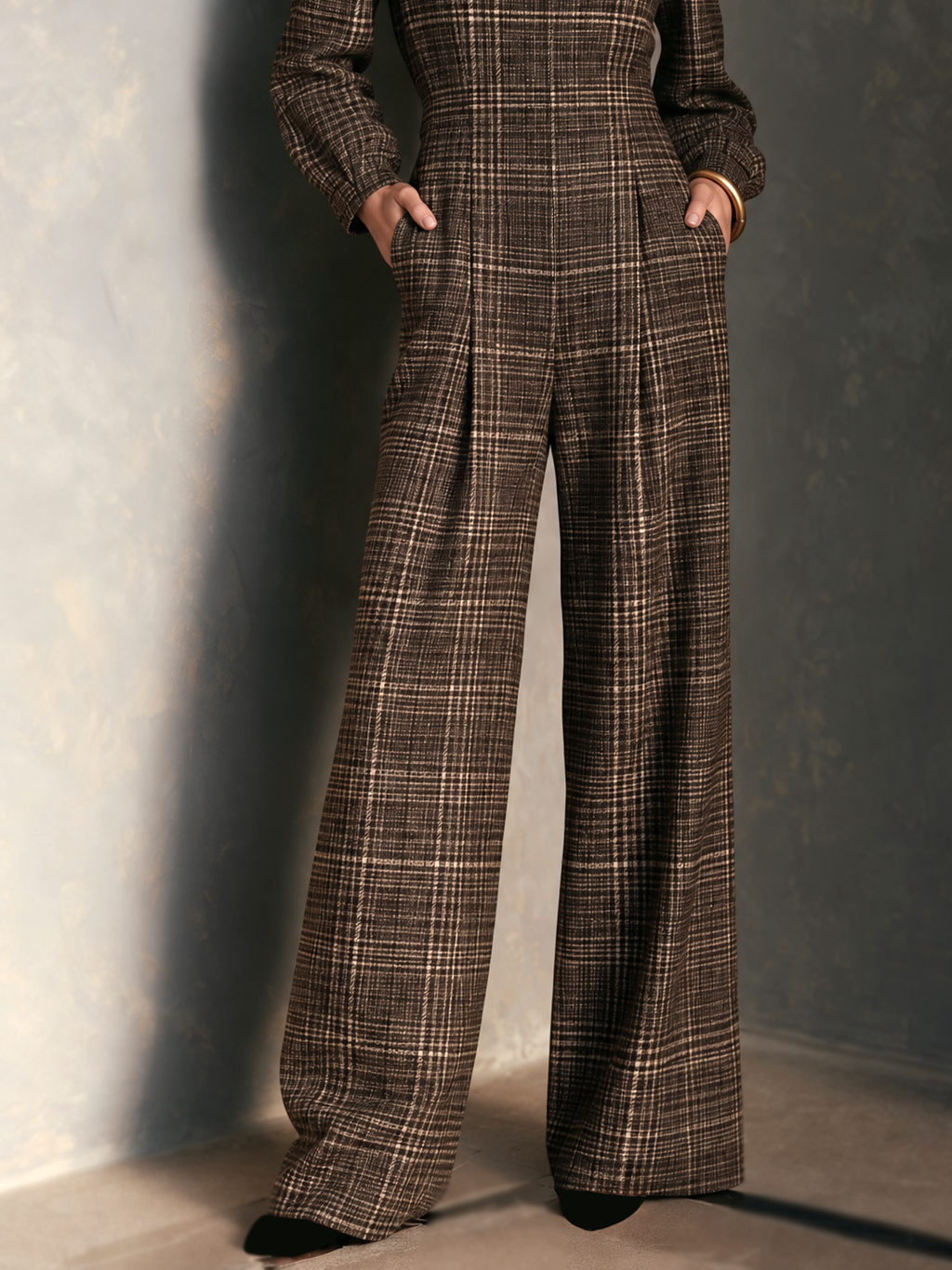 Evelyna | Plaid Wool-Blend Wide-Leg Jumpsuit With Stand Collar