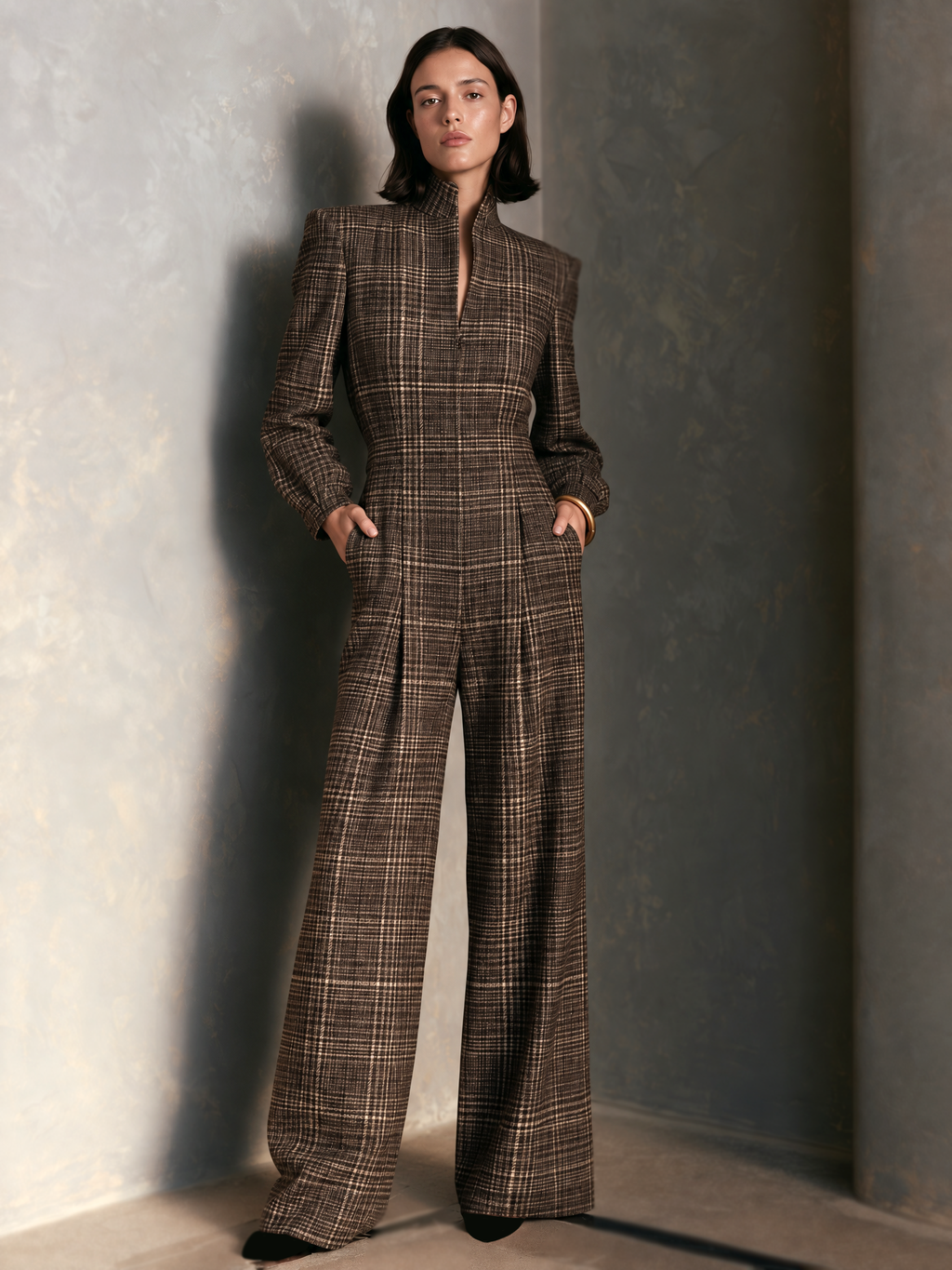 Evelyna | Plaid Wool-Blend Wide-Leg Jumpsuit With Stand Collar