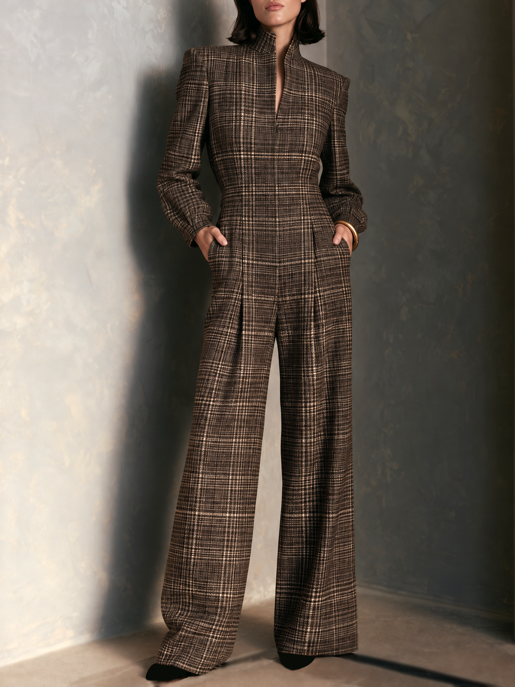 Evelyna | Plaid Wool-Blend Wide-Leg Jumpsuit With Stand Collar