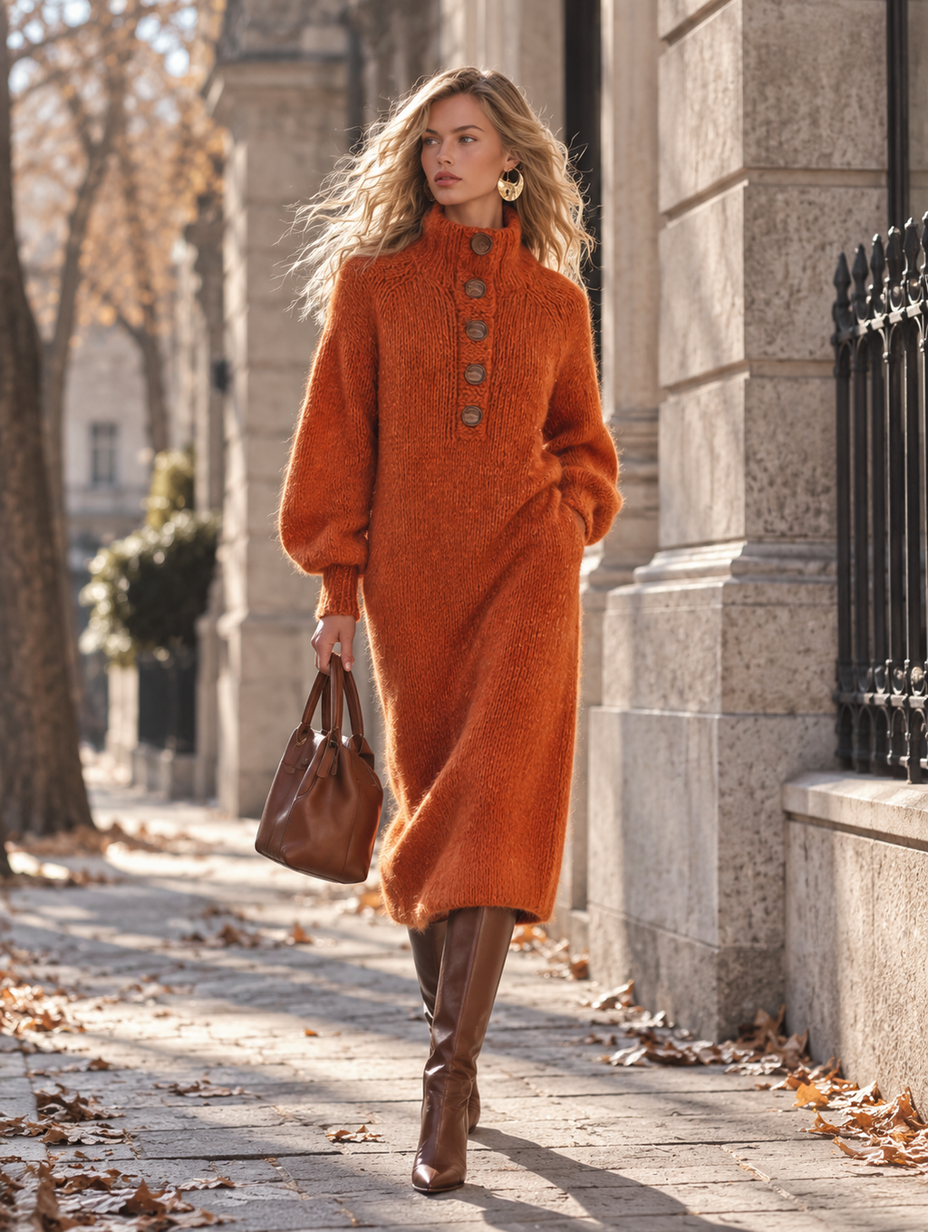 Angela | Orange Mock-Neck Mohair-Style Knit Midi Dress