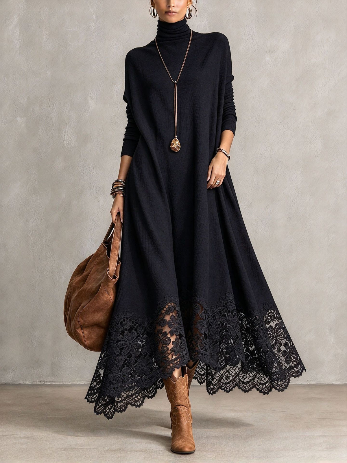 Kalista | Black Turtleneck Maxi Dress With Lace Hem