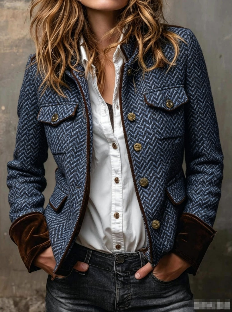 Jemma | Vintage Herringbone Contrast Trim Blazer