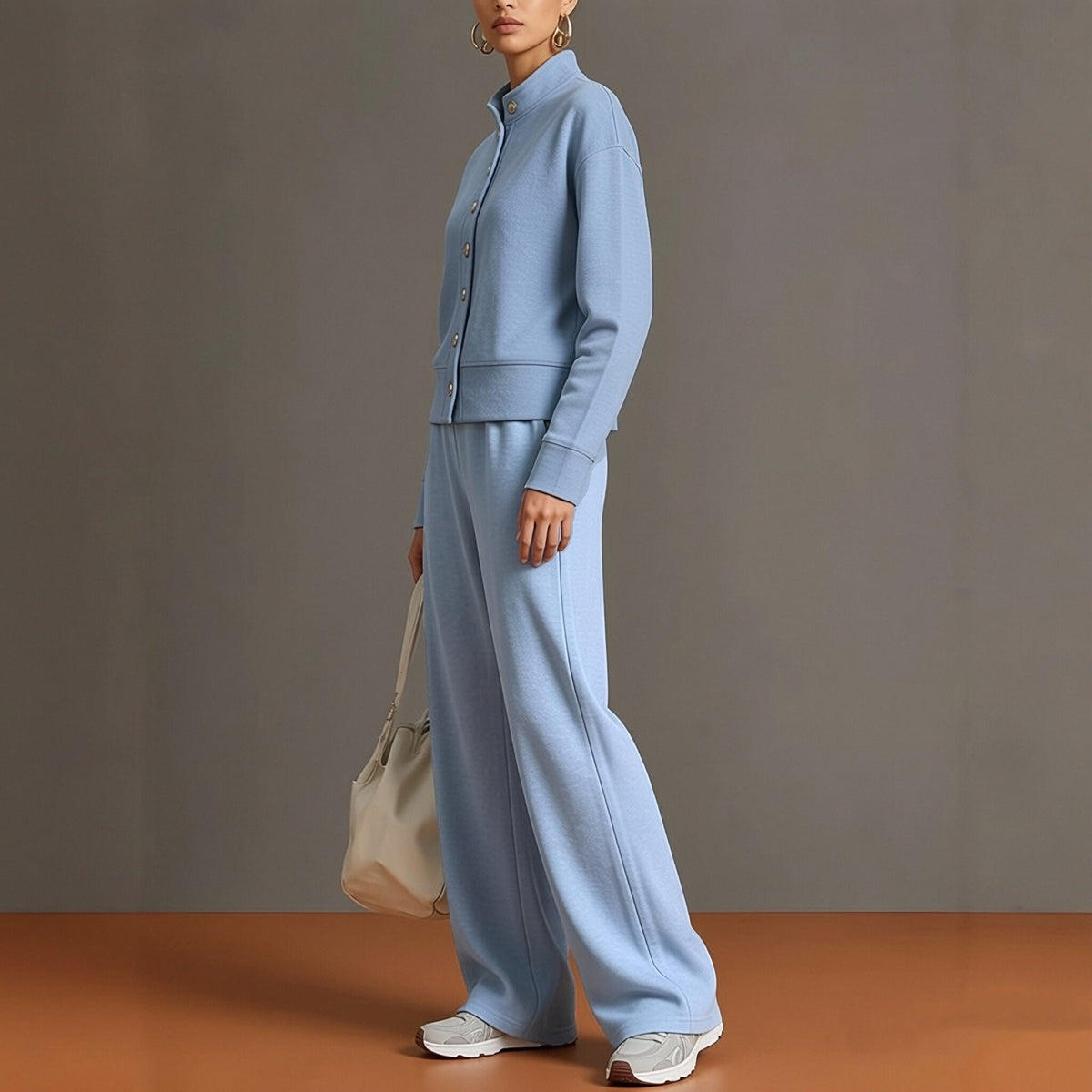 Celine | Knit High-Neck Top & Wide-Leg Pants Set With Gold Buttons