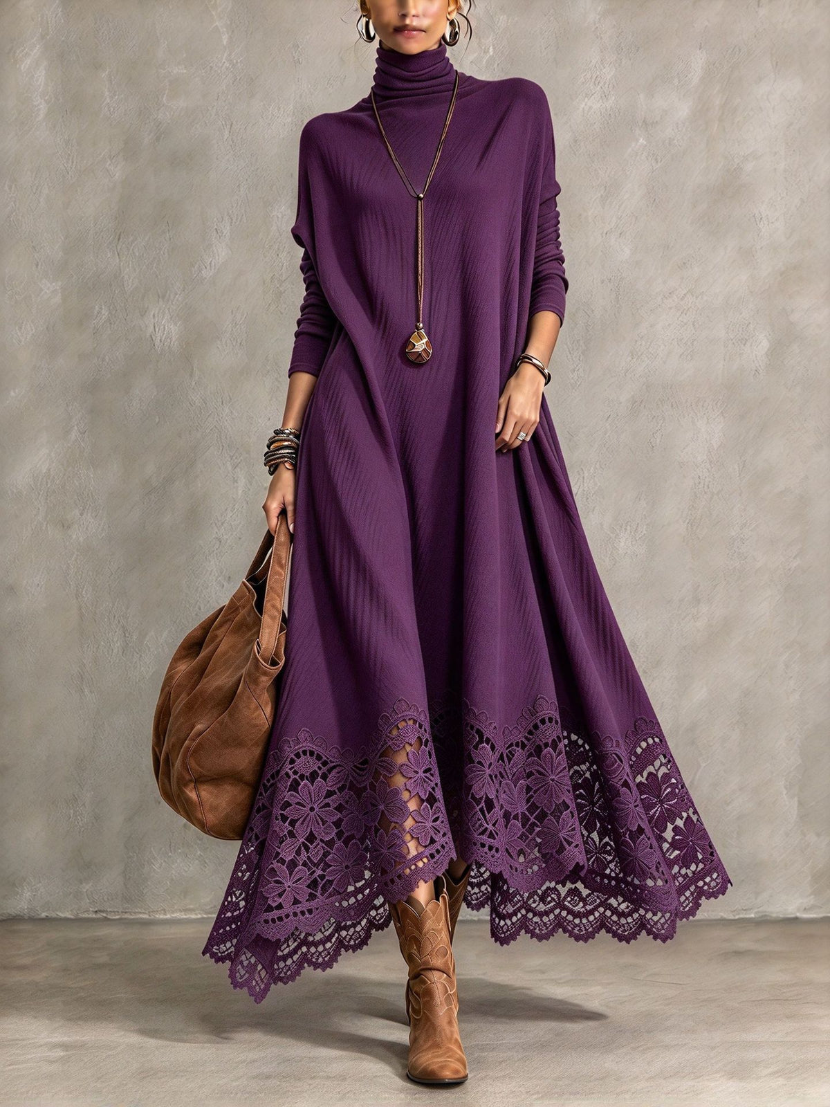 Marcelle | Plum Turtleneck Maxi Dress With Floral Lace Hem