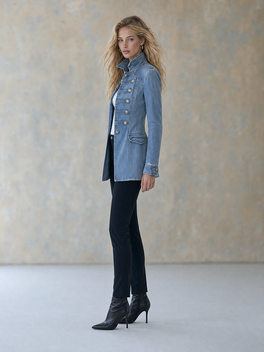 Valentine | Double-Breasted Blue Denim Military Coat