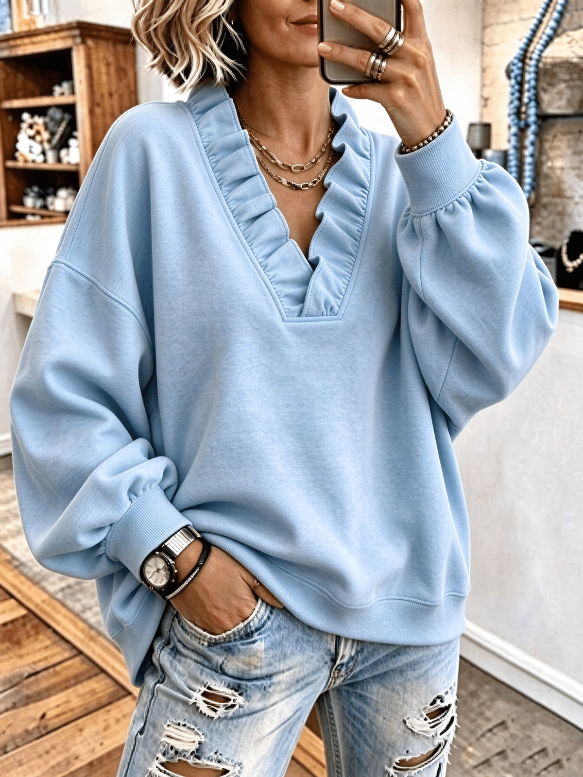 Roselyn | Ruffle V-Neck Sweatshirt