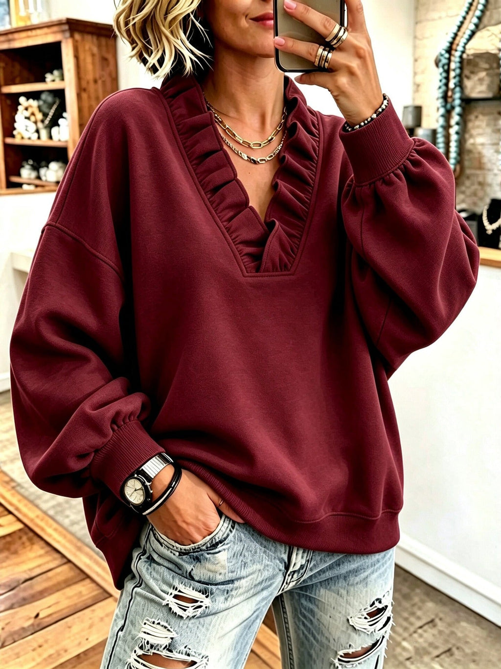 Roselyn | Ruffle V-Neck Sweatshirt