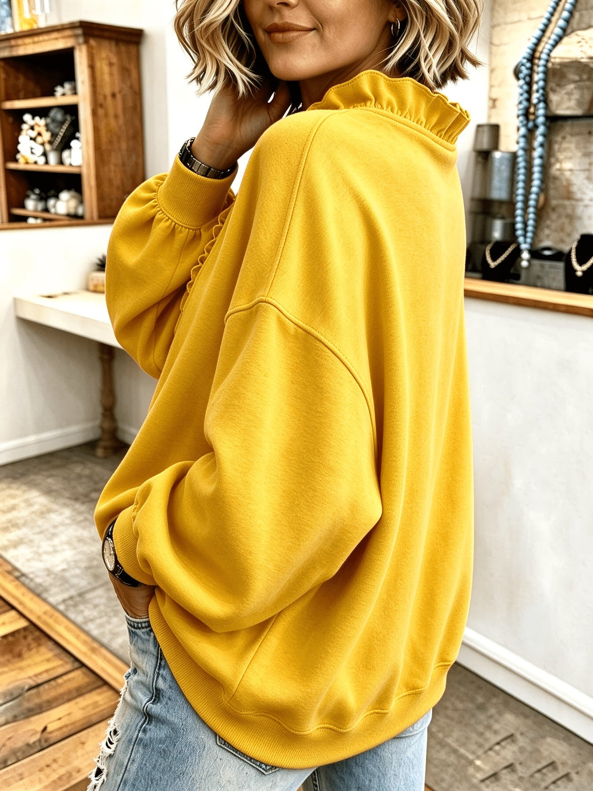 Roselyn | Ruffle V-Neck Sweatshirt