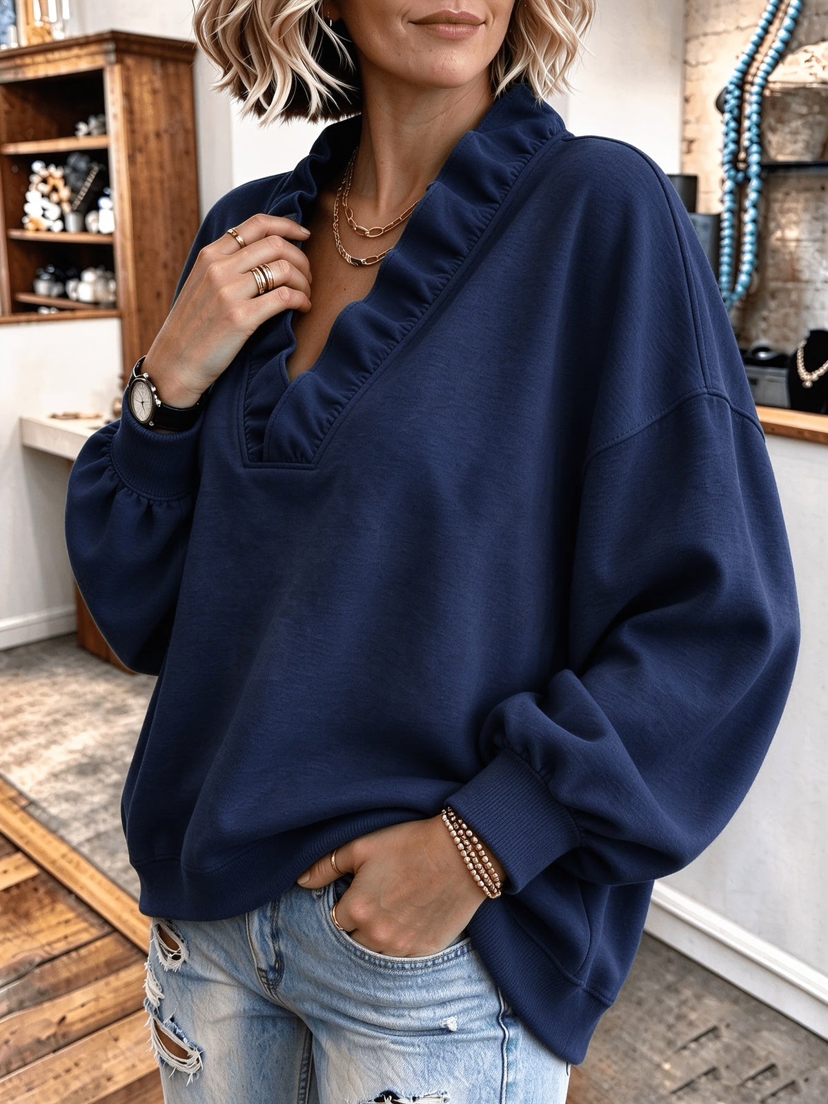 Roselyn | Ruffle V-Neck Sweatshirt