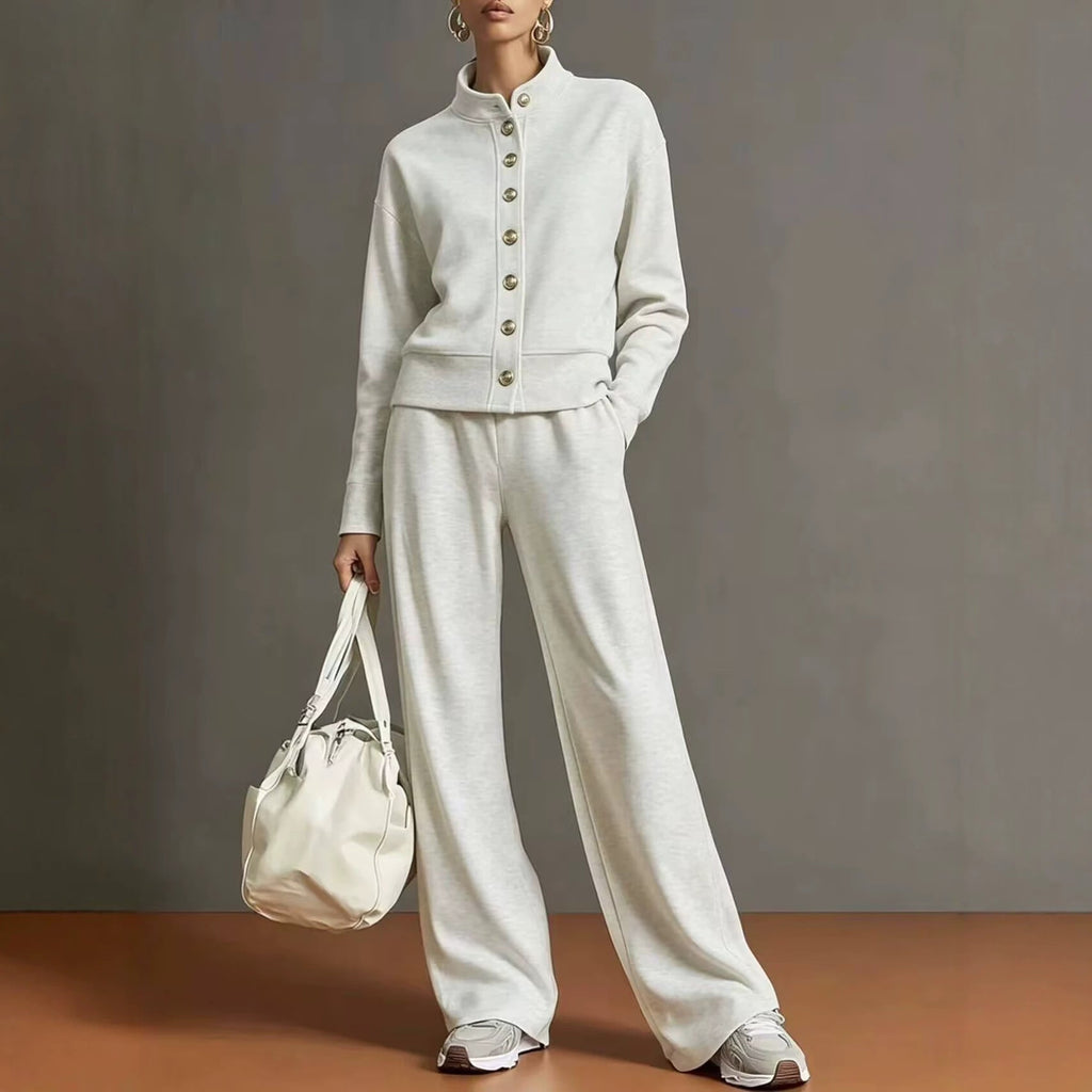 Celine | Knit High-Neck Top & Wide-Leg Pants Set With Gold Buttons