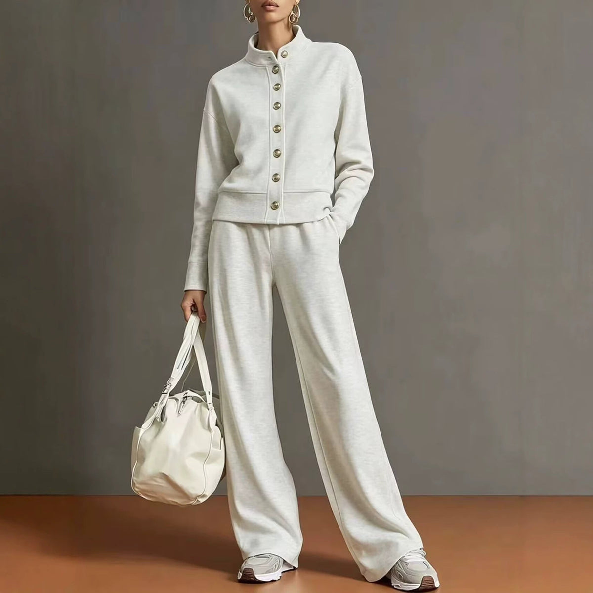 Celine | Knit High-Neck Top & Wide-Leg Pants Set With Gold Buttons