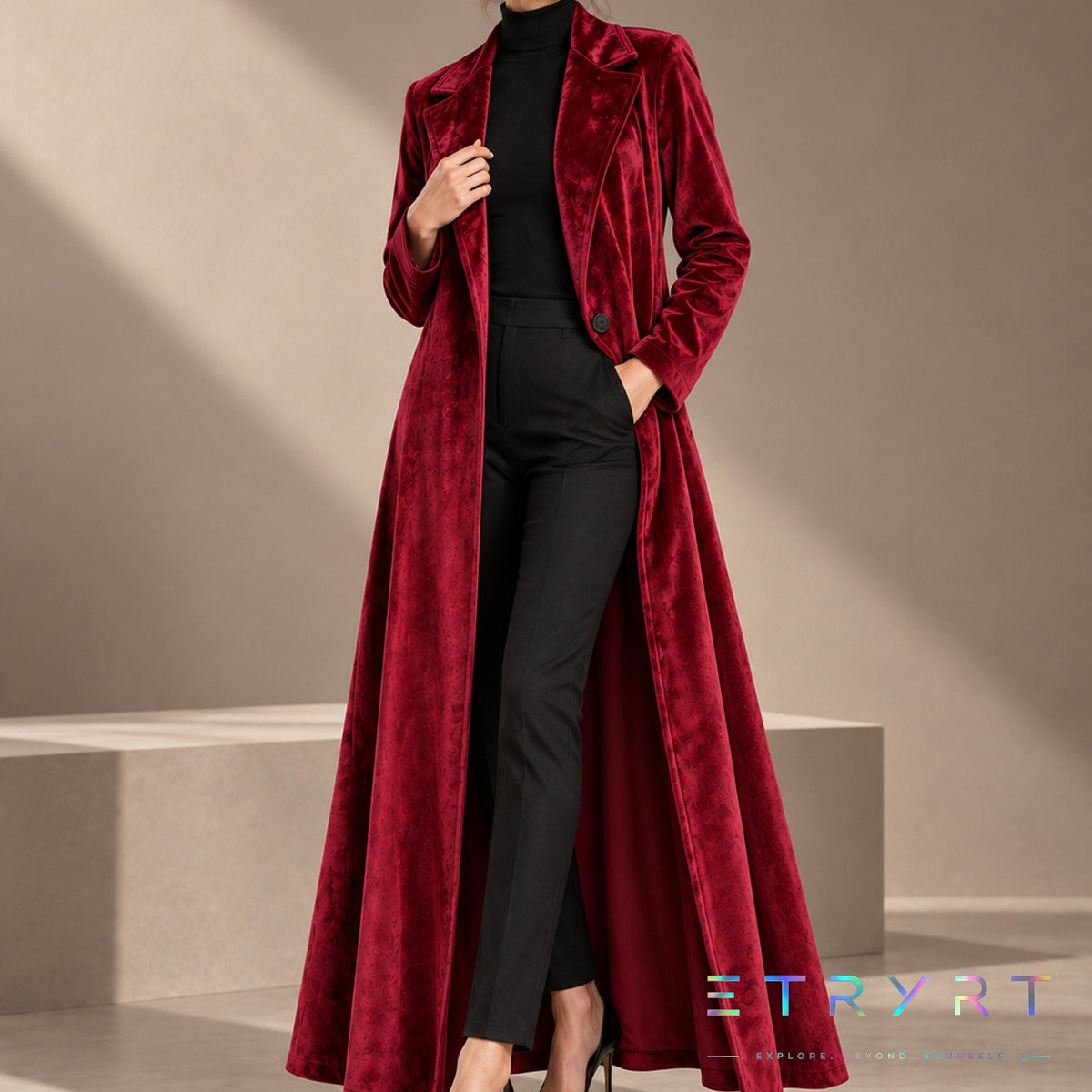 Béatrice | Open-Front Long Velvet Coat