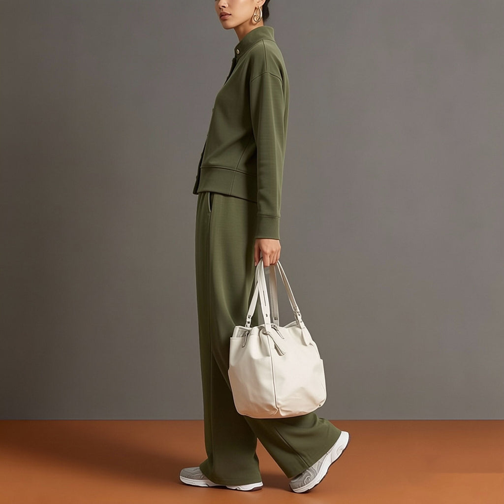 Celine | Knit High-Neck Top & Wide-Leg Pants Set With Gold Buttons