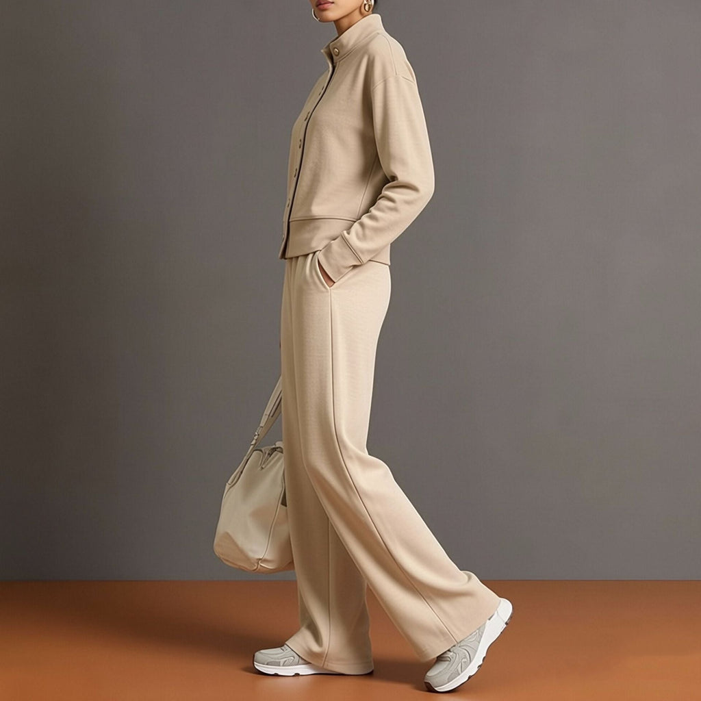 Celine | Knit High-Neck Top & Wide-Leg Pants Set With Gold Buttons