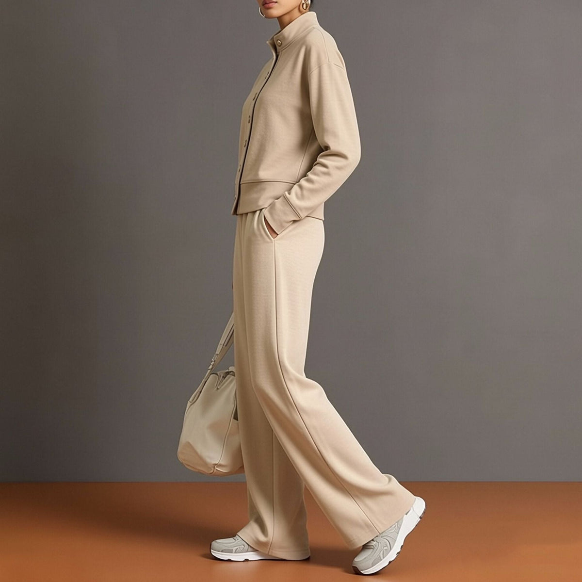 Celine | Knit High-Neck Top & Wide-Leg Pants Set With Gold Buttons