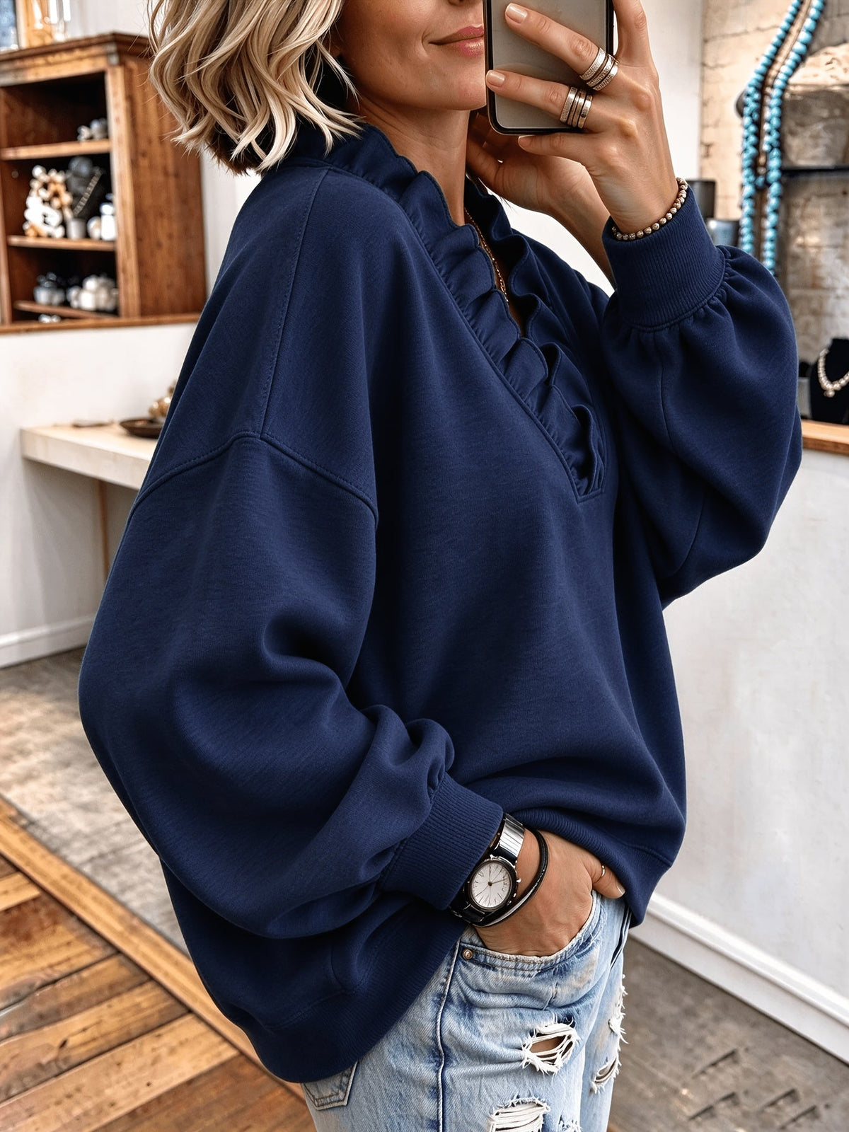 Roselyn | Ruffle V-Neck Sweatshirt