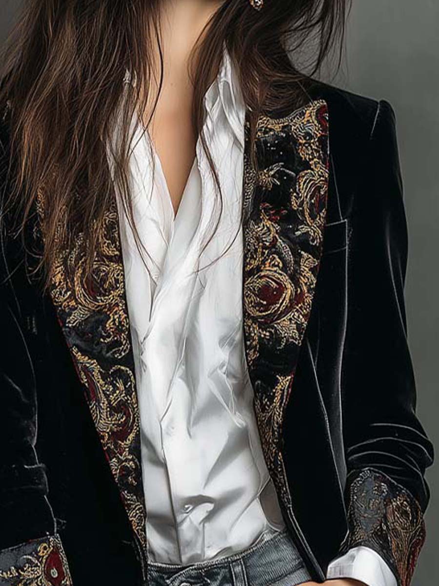 Franny | Black Baroque Print Lapel Slim Fit Blazer