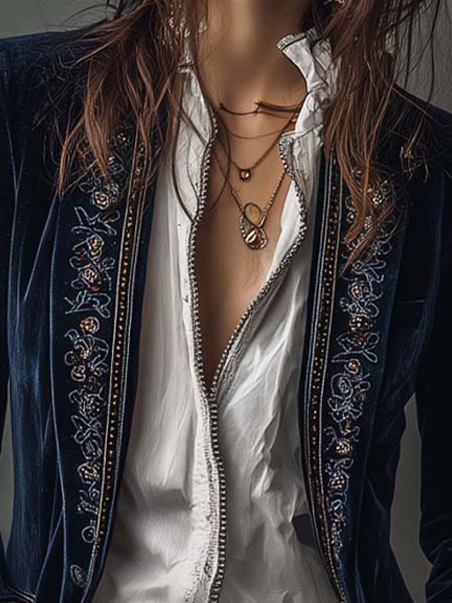 Emalie | Vintage Navy Embroidered Longline Jacket