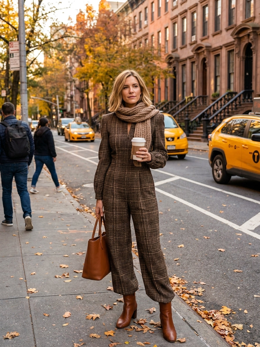 Evelyna | Plaid Wool-Blend Wide-Leg Jumpsuit With Stand Collar